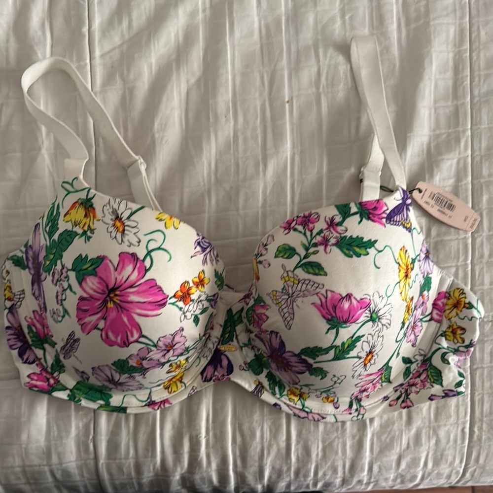 Floral Print Bra - White with Multicolor Accents